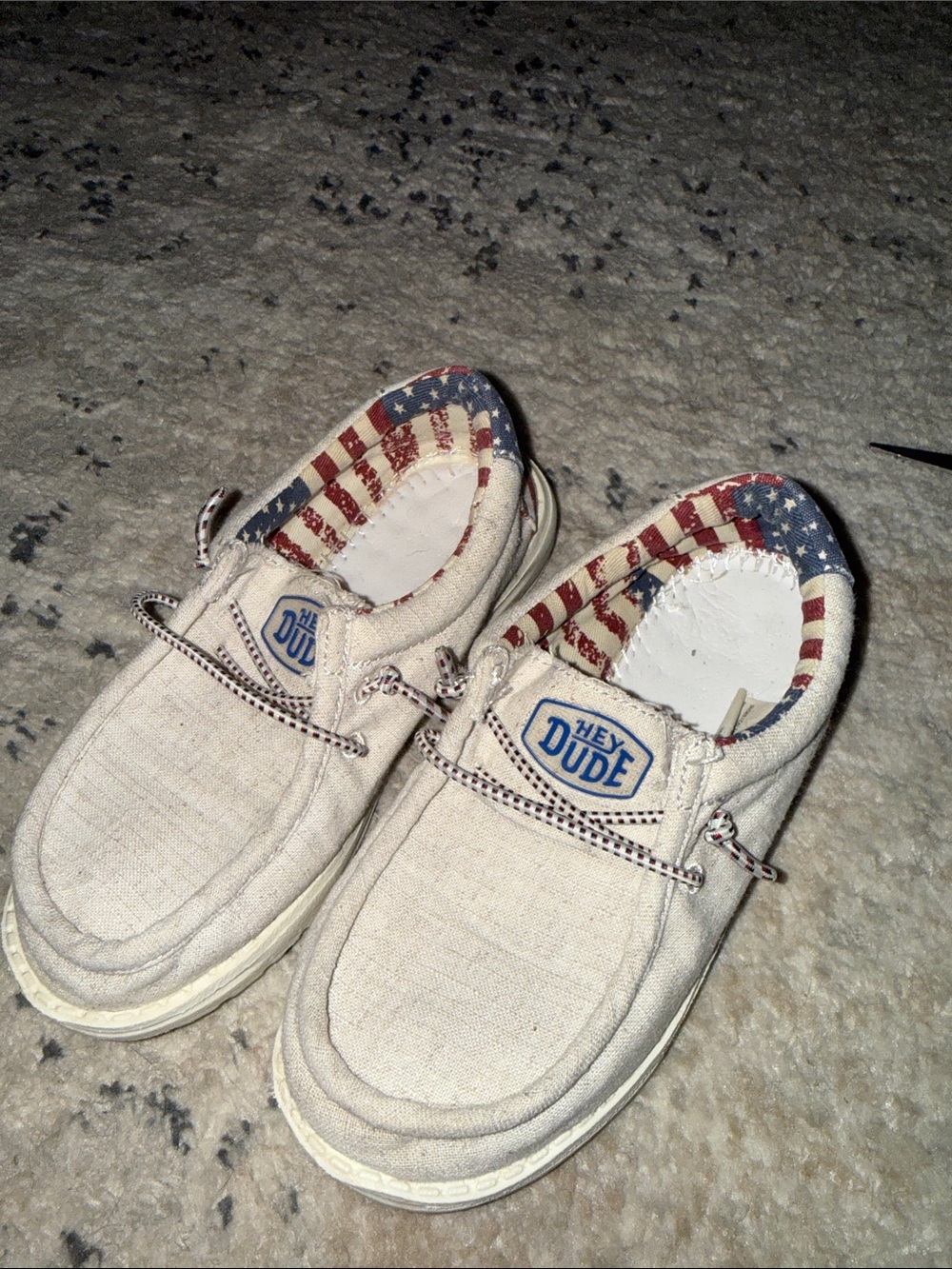 Hey Dude youth kids Cream Canvas Slip-On Loafers with American Flag Lining